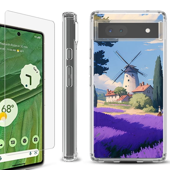 Shockproof Bumper Phone Case for Google Pixel 6a, with Tempered Glass Screen Protector, by OneToughShield ® - Lavender Field