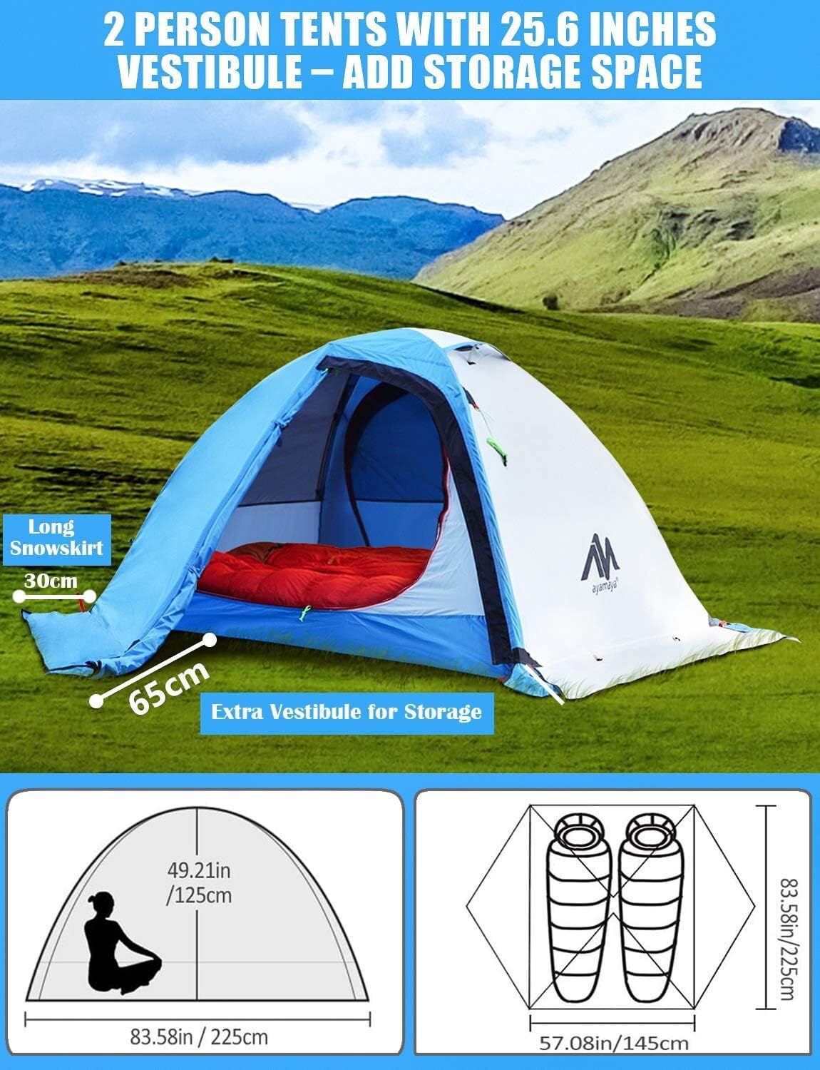 IC ICLOVER 4 Season Backpacking Tent for 2 Person Ultralight Waterproof All Weather Double Layer Camping Tents for Backpacker Outdoor Hiking Survival - Blue