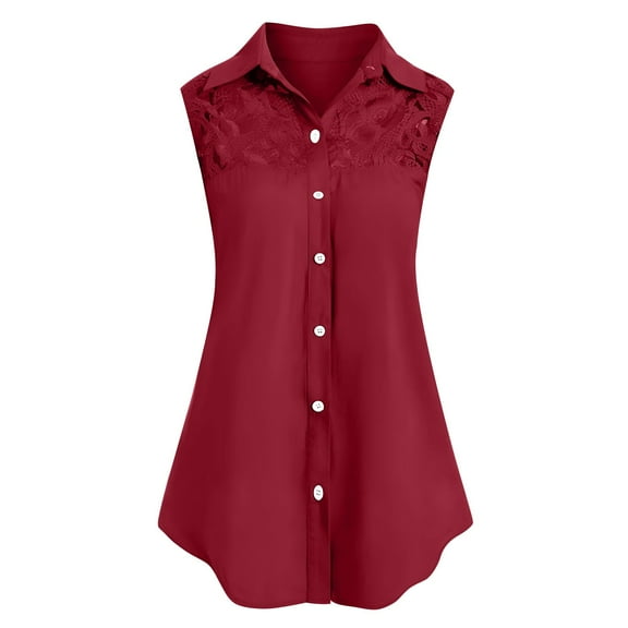 fatyb Women's Sleeveless Button down Shirts Collar Dressy Tank Tops Lace Patchwork Loose Tunic Blouses