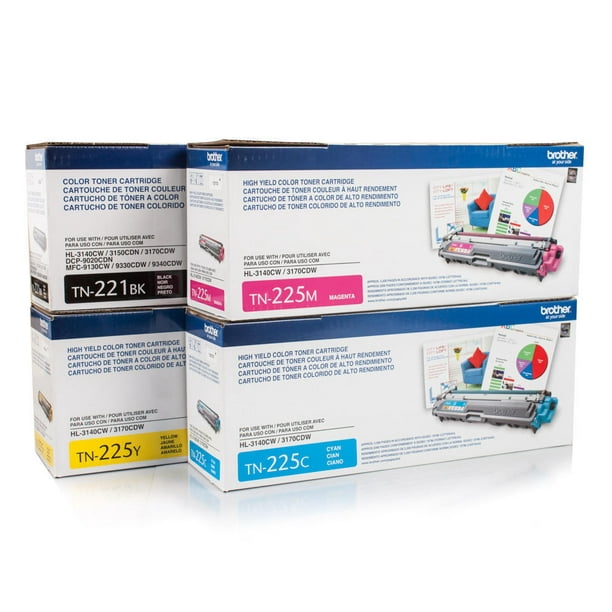 Brother Genuine Standard Yield Black, TN221BK, and High Yield Colors Toner  Cartridge Set, TN225C, TN225M and TN225Y, Replacement Cyan, Magenta and 