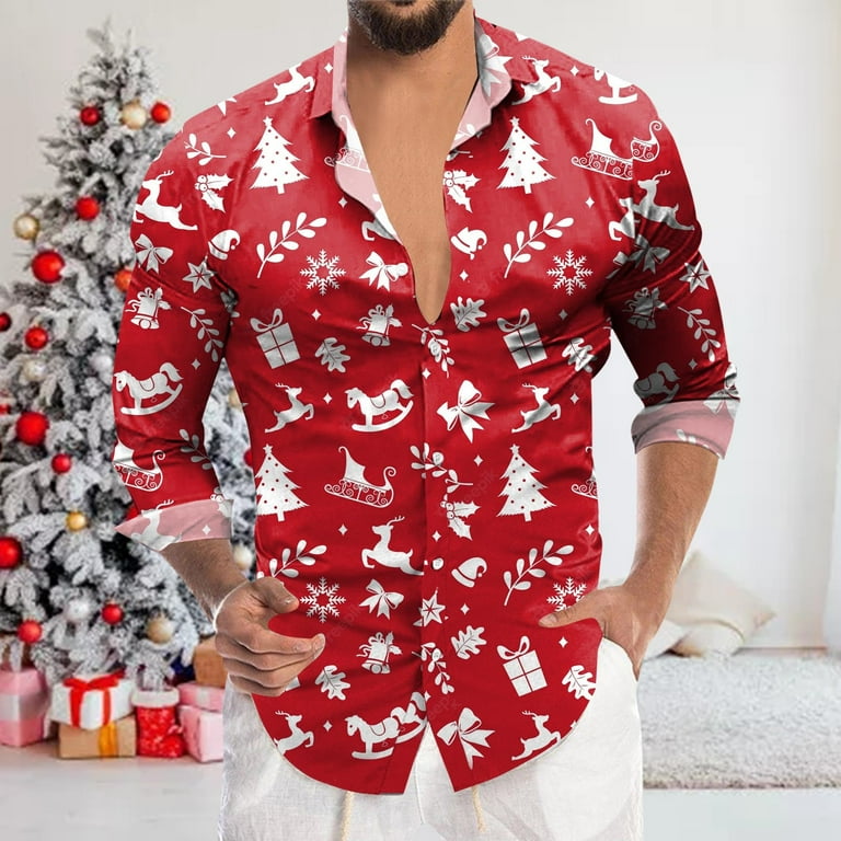EHQJNJ Father Son Matching Shirts Mens Christmas Digital 3D Printed Button Lapel Long Sleeve Shirt Top Fathers Day Shirts for Dad Linen Shirts for Men Slim Fit Short Walmart