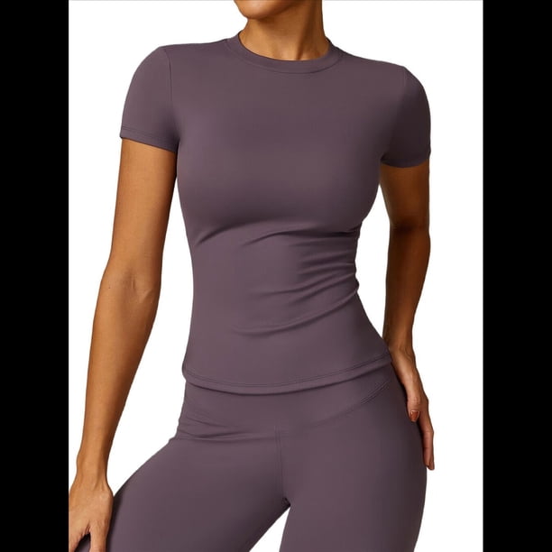 Camiseta Básica de Verano para Mujer, Corta, Cuello Redondo, Corte Ajustado, Top Corto Púrpura L