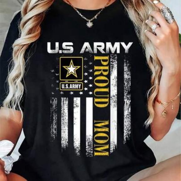 【New Arrival】U.S. Army Proud Mom T-Shirt Vintage American Flag Black Casual Tee