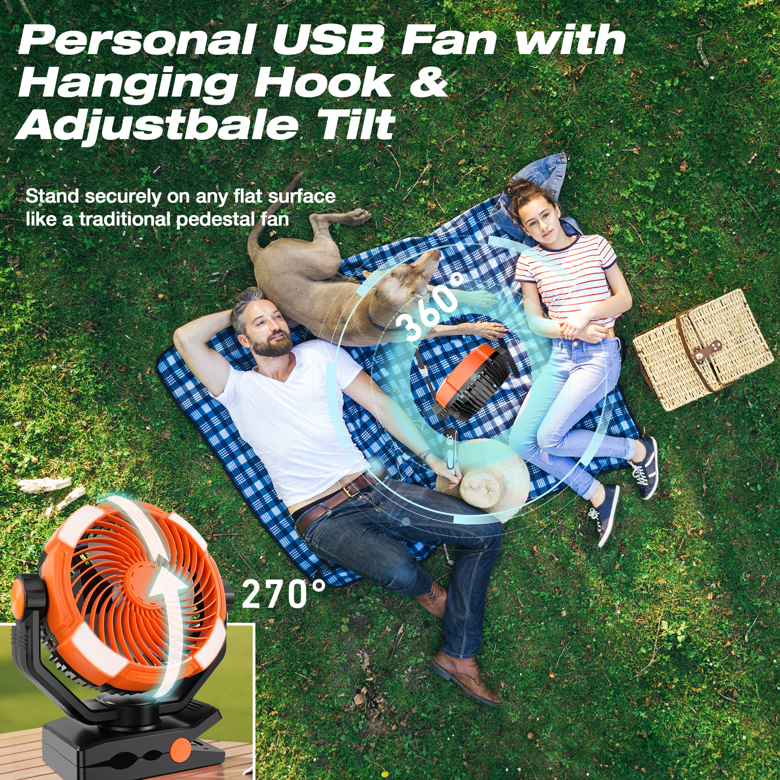 Camping Fan Rechargeable, Desk Fan 20000mAh Large Battery Clip Fan, 4 Speed Portable Fan with Remote, Battery Operated Fan with LED Light and Hanging Hook, Cordless Fan for Tent Picnic Outdoor