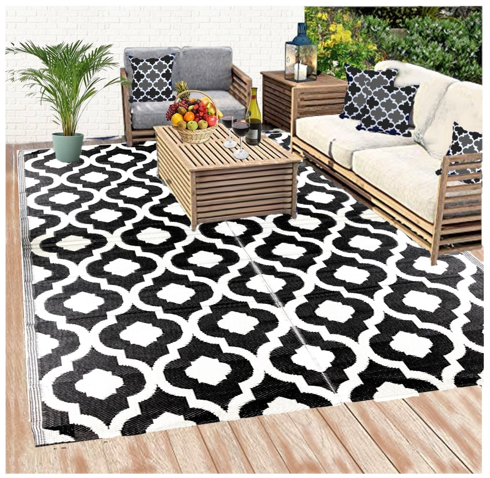 Outdoor Rugs for Patio 6x9ft, Reversible Plastic Straw Rug, RV Camping  Waterproof, Portable Carpet Area Rug for Camping, Deck Garden, Porch and  Balcony, Black & White, Bohemia 