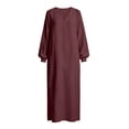 thumbnail image 7 of Guieoi Shift Dresses for Women 2026 Fall Long-Sleeve V-neck Cotton-Linen Split-Hem Dress Red L, 7 of 7