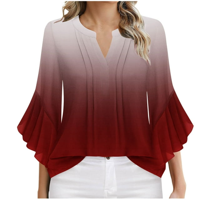 Swstbby Liquidation d'Automne! Hauts d'Automne pour Femmes Grande Taille, Haut Décontracté Uni à Manches 3/4 et Col Rond pour Dames Vin TG