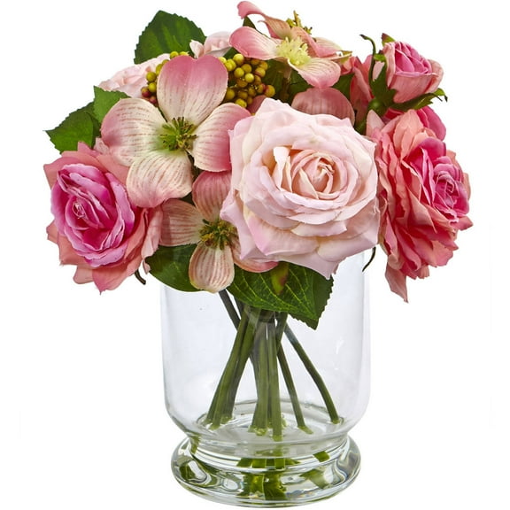 Nearly Natural 10in. Pink Rose and Berry Artificial Flower Arrangement