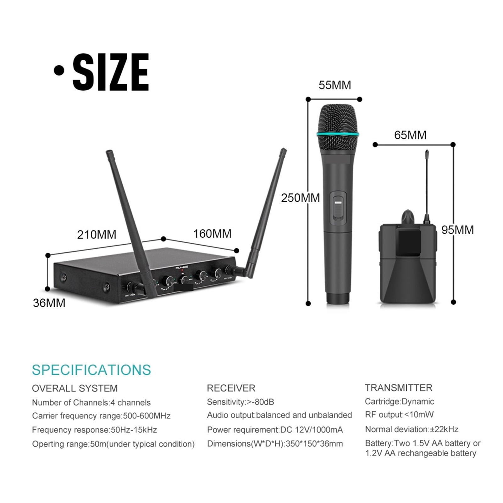 Audio AU400 UHF Pro 4channel Bodypack Lavalier & Headset Portable Wireless Microphone System For Karaoke Church Party ,Clear Sound