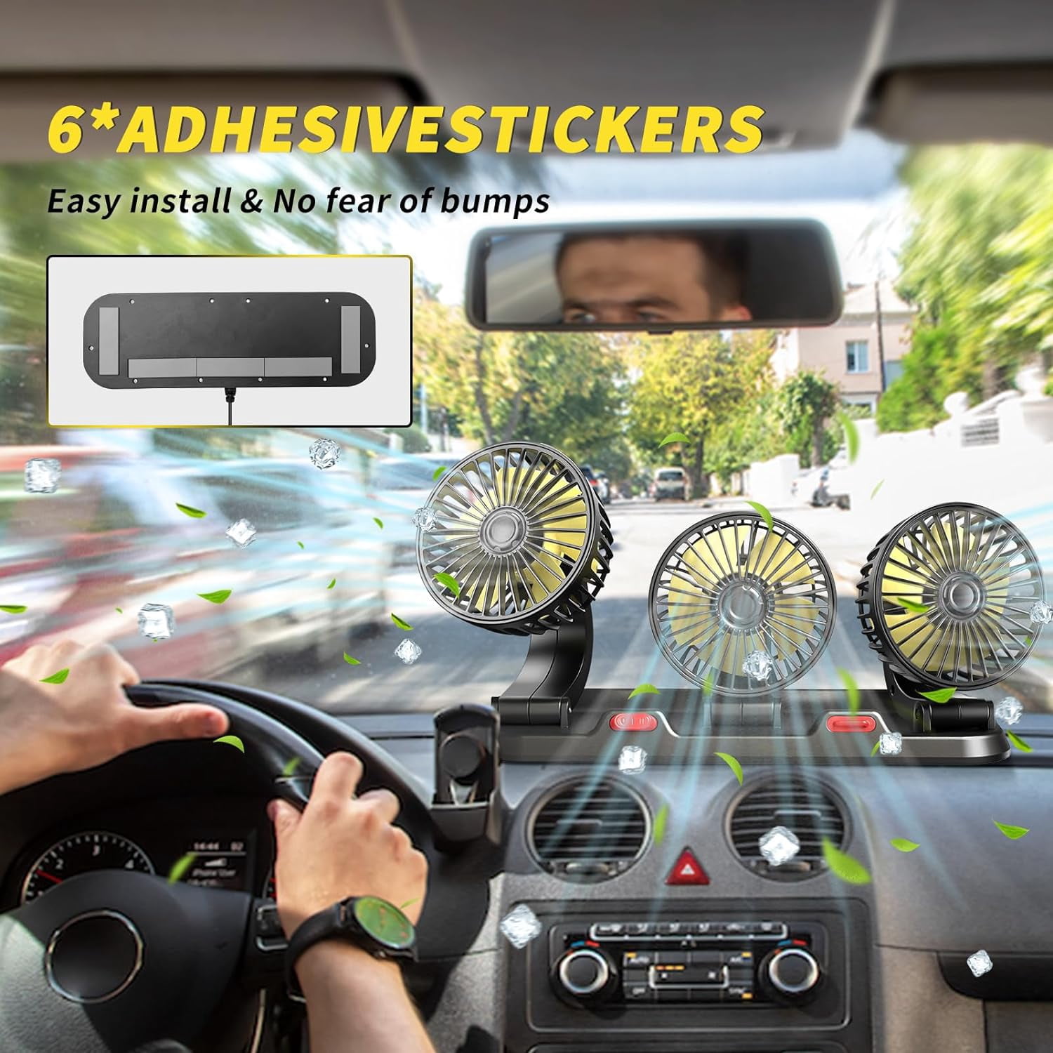 XZKING  Car Fan Three Head Portable Vehicle Cooling Fan with Two Speeds, 360° Rotation Fan with Cigarette Lighter Plug for Vehicles, RV, SUV