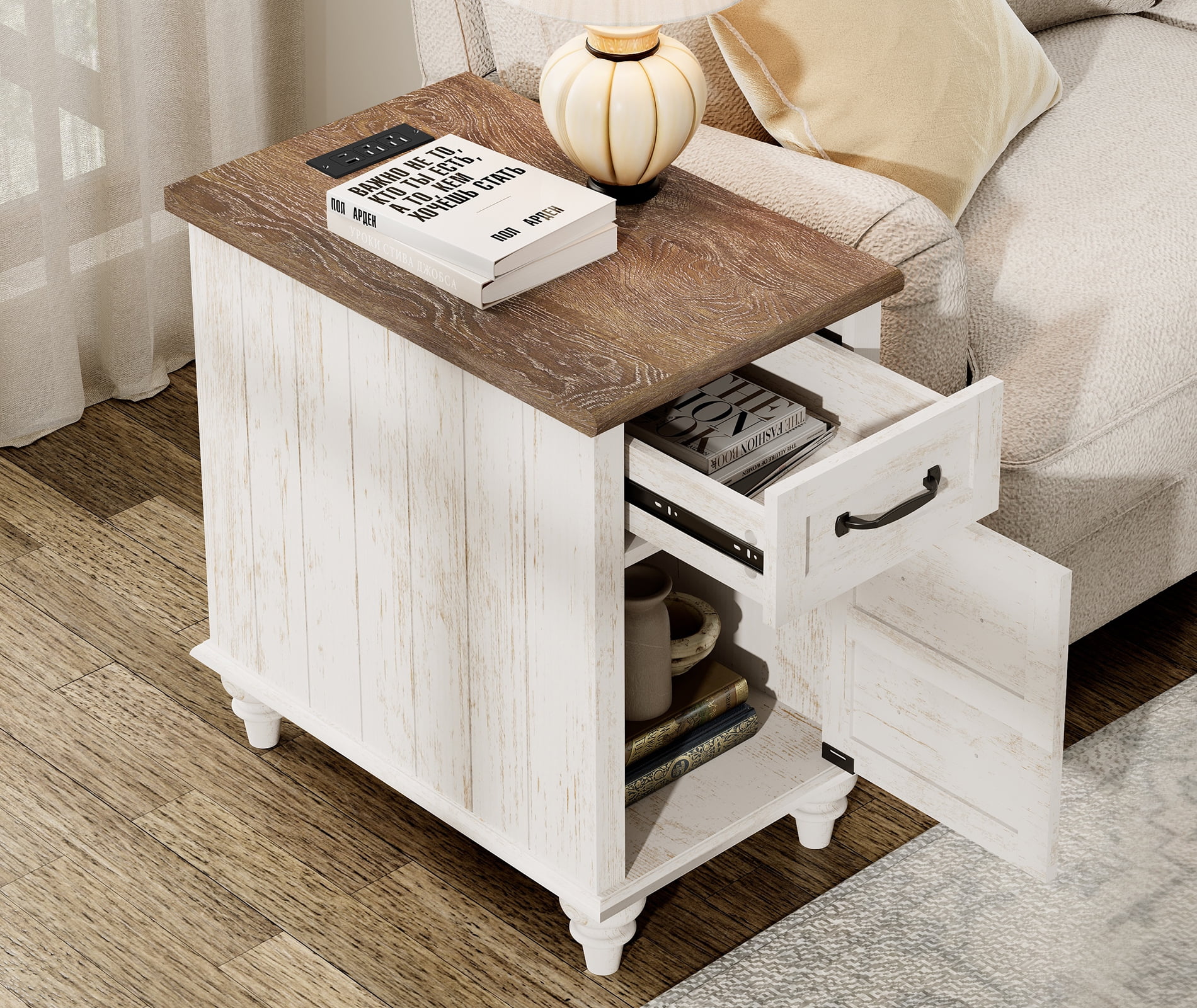 Antique White End Table with Drawer & Cabinet, Wooden Side Table Nightstand with Charging Station for Living Room & Bedroom