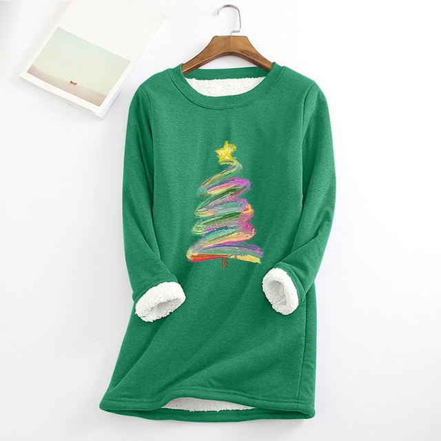 Meihcang Chandails Molletonnés Doublés en Sherpa pour Femmes Grande Taille, Graphique d'Arbre de Noël, Col Rond, Chandail en Molleton à Enfiler, Haut Chaud d'Hiver pour Noël