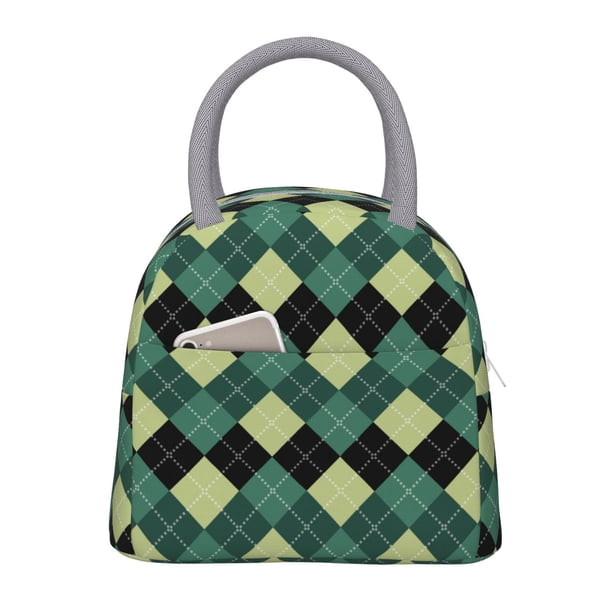 Easygdp Green Squares Bolsa de Almuerzo Insulada Grande, Forro de Aluminio, Diseño Espacioso, a Prueba de Fugas, Ideal para Trabajo, Picnics, Viajes y Actividades al Aire Libre
