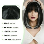 Creamily 12 Short Wig for Women Short Bob Wigs with Bangs Synthetic Glueless Straight Black Bob Wigs with Grey Highlight
