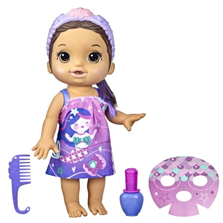 Baby Alive Glam Spa Baby Doll, Mermaid, Color Reveal Nails and Makeup, Kids 3 and Up, Brown Hair