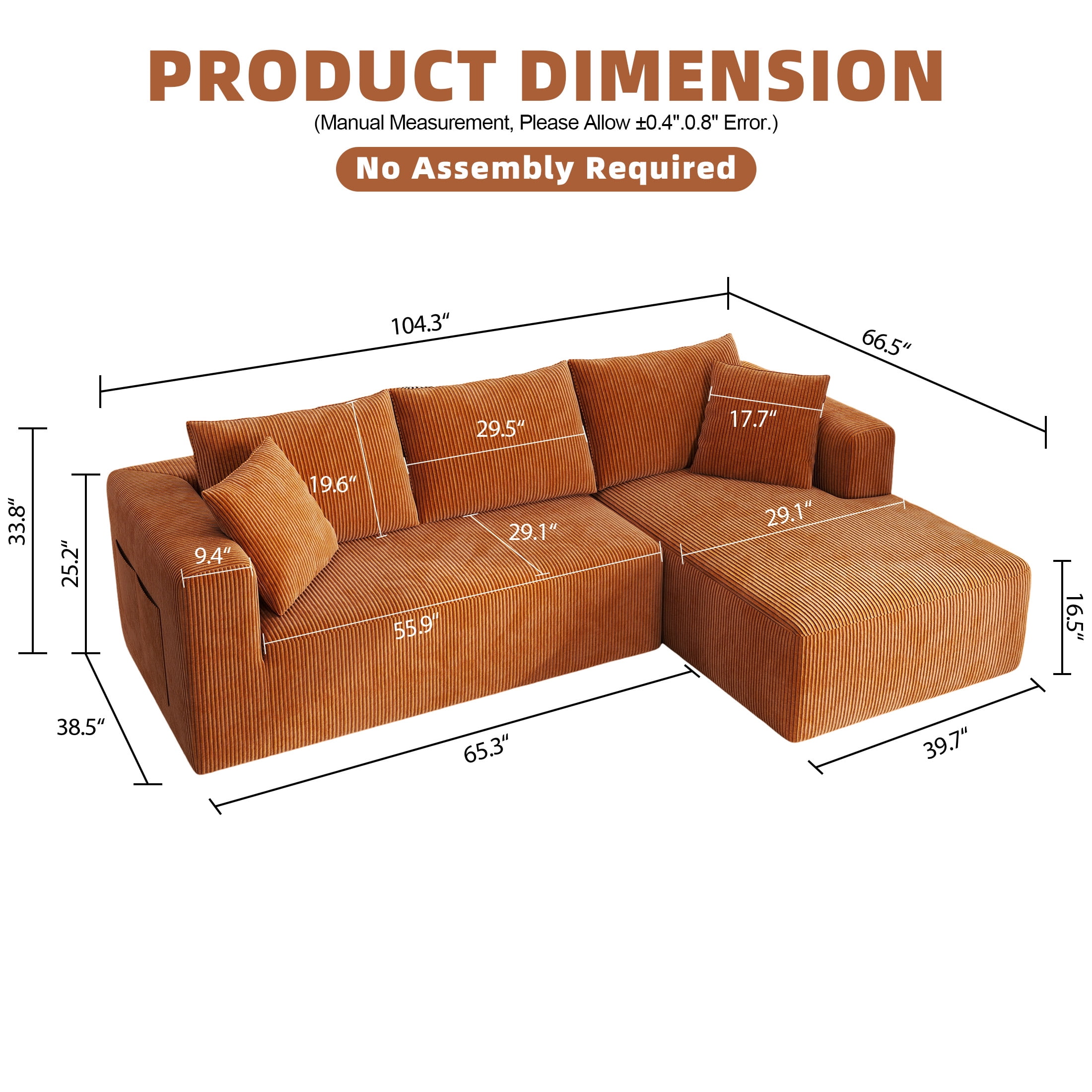 DEALTOPS 104'' Modular L-Shape Sectional Sofa with Chaise, Comfy Deep-Seat Cloud-Couch, Corduroy - Orange
