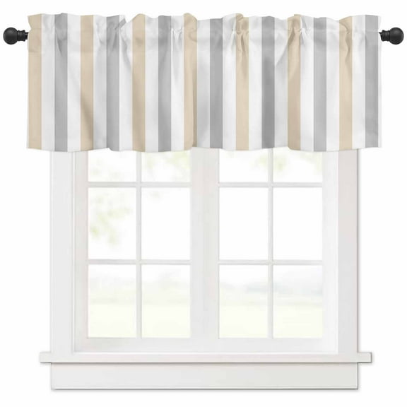 Beige Grey Striped Curtain Valance for Windows/Kitchen/Living Room/Bedroom, Geometric Vertical Stripes White Rod Pocket Window Treatment Short Drape Topper Small Tier Cafe Curtains Panel 54X18