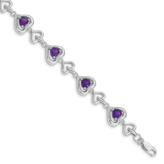 Auriga Fine Jewelry 925 Sterling Silver Diamond and Heart Link Amethyst Bracelet 7" for Women