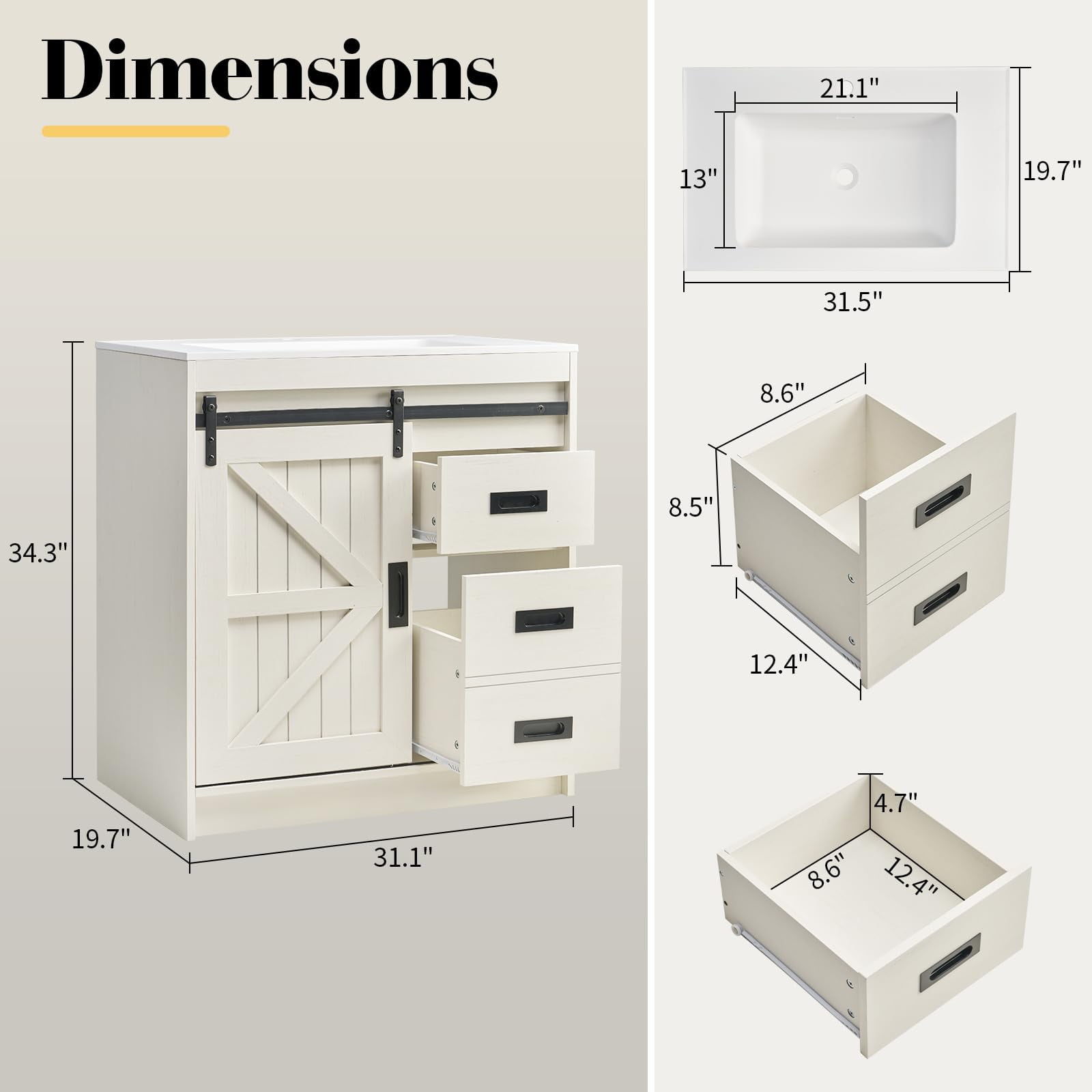 VanAcc 31" Farmhouse Sliding Barn Door Bathroom Vanity with Sink Combo, Bathroom Cabinet with Drawers & Metal Handles, Freestanding, Distressed White