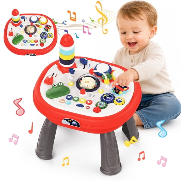 UUSUOO 2-In-1 Baby Activity Table,Musical Learning Toy with Lights, Sounds,Stacking Rocket & Detachable Legs,Double-sided Activity Table for 1 Year Old,Birthday Gifts for 1 2 3 Year Old Boys Girls