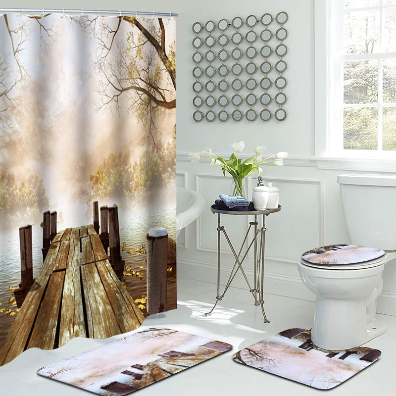 Woods Dusk Sun Printing Waterproof Bathroom Shower Curtain Toilet Cover 