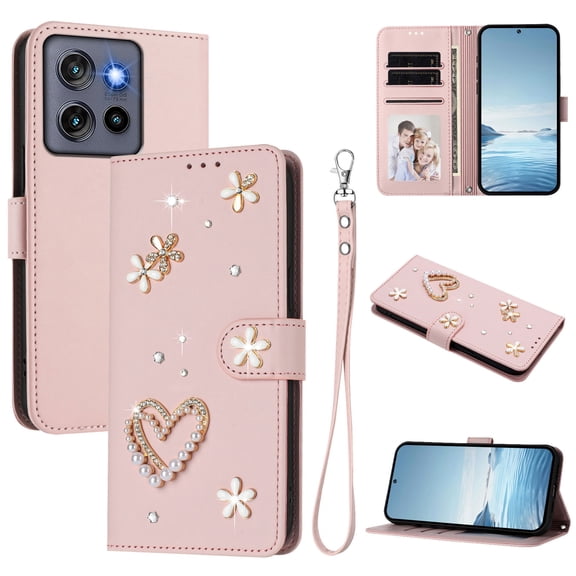Case for Motorola Moto G Stylus 5G 2025, PU Leather Wallet Case with Pearl Rhinestone Heart Floral Design, Magnetic Clasp Wrist Strap Card Slots Cash Pocket Kickstand Drop Protective Cover, Rosegold