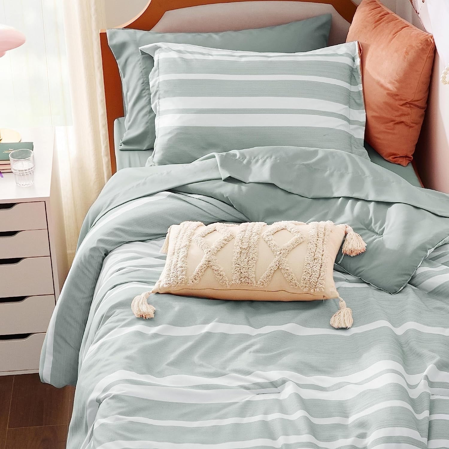 U by Bedsure Full Comforter Set, 7 Pieces Sage Green Striped Bedding Sets All Season, Bed in a Bag with Comforter, Sheets, Pillowcases & Shams