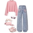 thumbnail image 5 of OYYN Jeans for Girls Bowknot Print Elastic Waist Denim Pants Basic Straight Leg Trousers with Pockets, 5 of 8