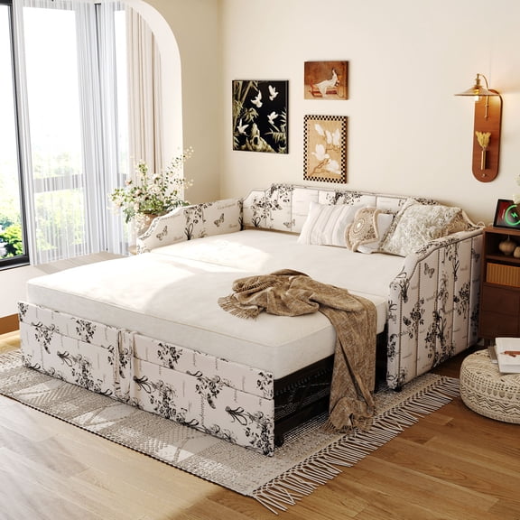 Luckynote Twin Upholstered Daybed with Pop-Up Trundle, USB Ports, Botanical Print for Guest Room,White