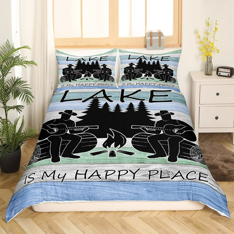 Lake Bedding Set King Rustic Farmhouse Wooden Board Comforter Cover Country Cabin Camp Duvet Cover For Camper Boys Teen Men Woodland Camping Bed Set Home Room Decor With 2 Pillow Cases Green Black