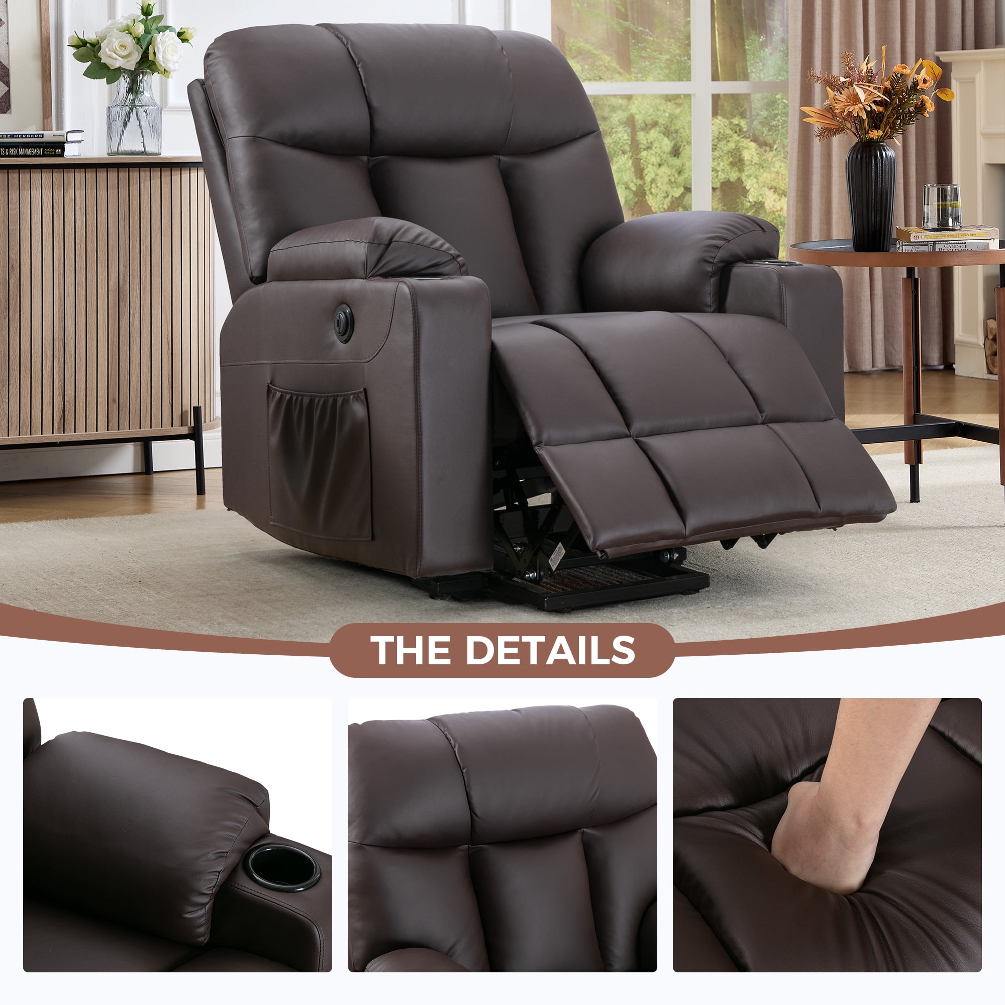 Bonzy Home Electric Recliner Living Room Heated Massage Lift Chair Recliner with Cup Holder and USB, Brown