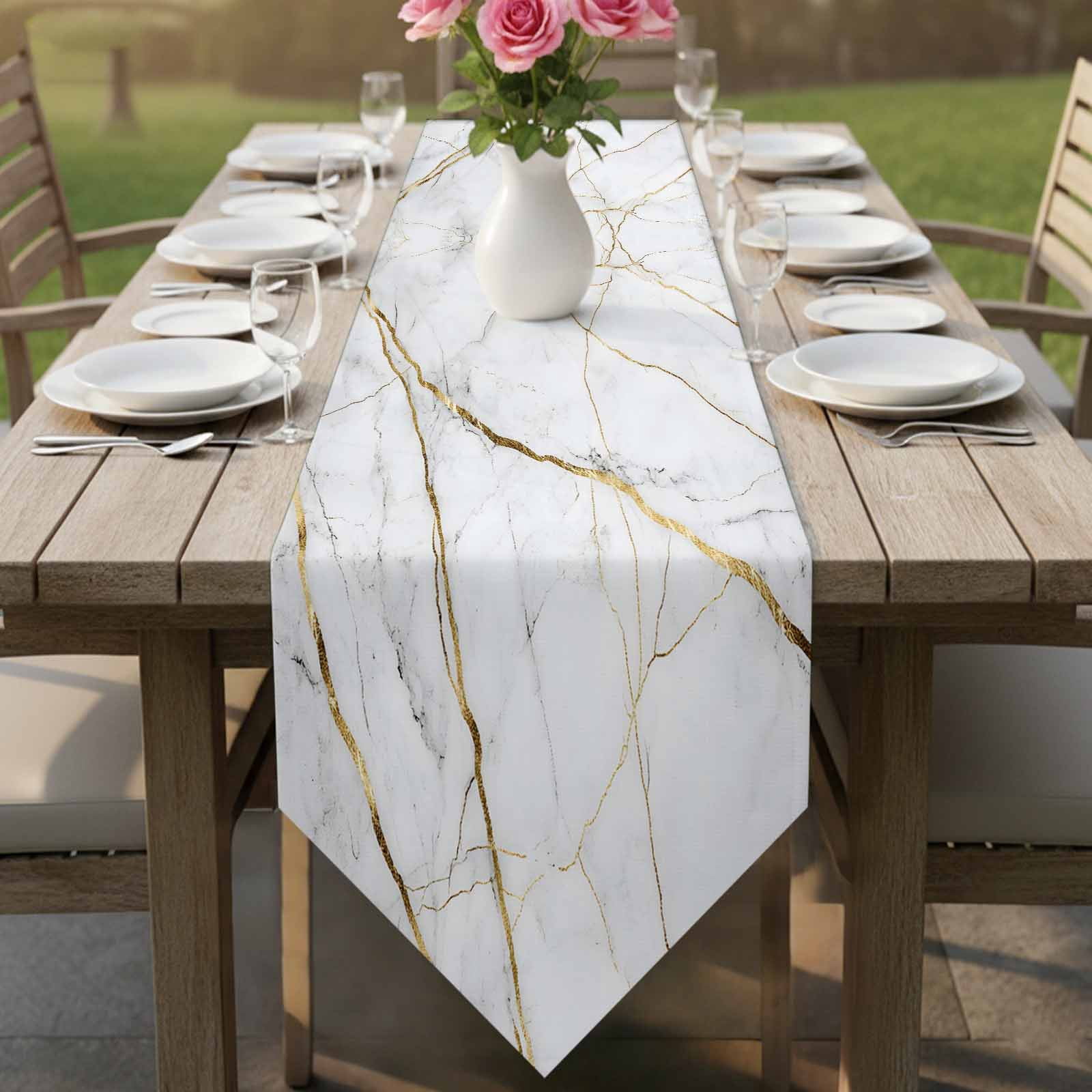 Gray Marble Table Runner 120 Inches Long Gold Lines Abstract Crack Modern Art Table Runners for Dining Room Tabletop Dresser Scarf Home Party Banquet Wedding Holiday Decoration