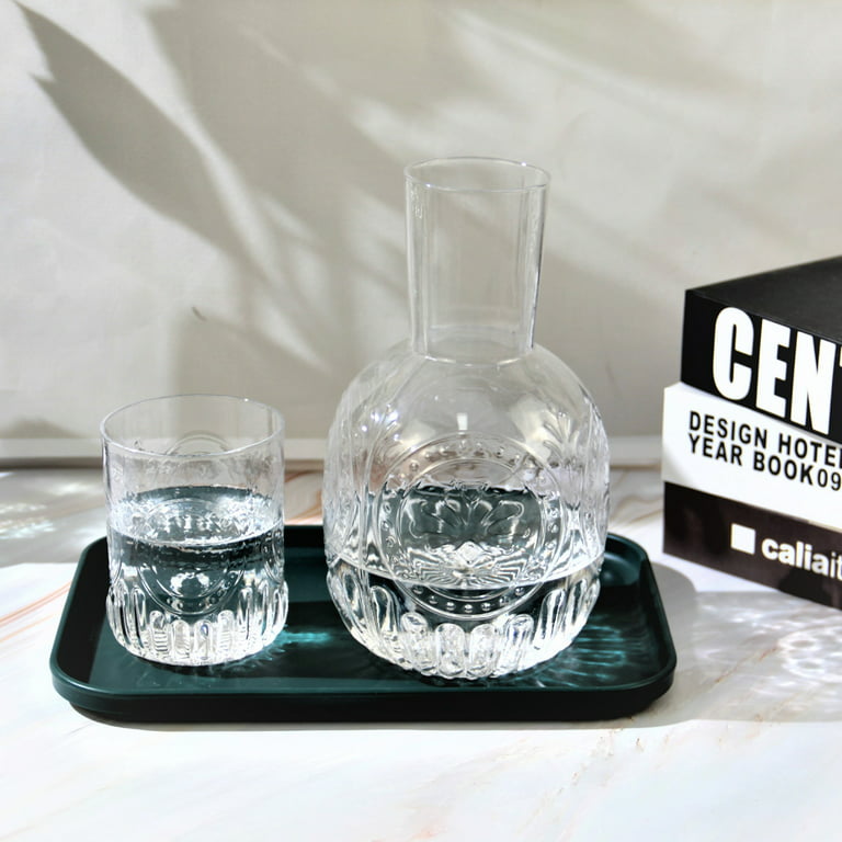 Vintage Bedside Water Carafe and Glass Set for Bedroom Nightstand,Bediside  Carafe with Glass Cup, Thicked Glass Mouthwash Decanter for Bathroom