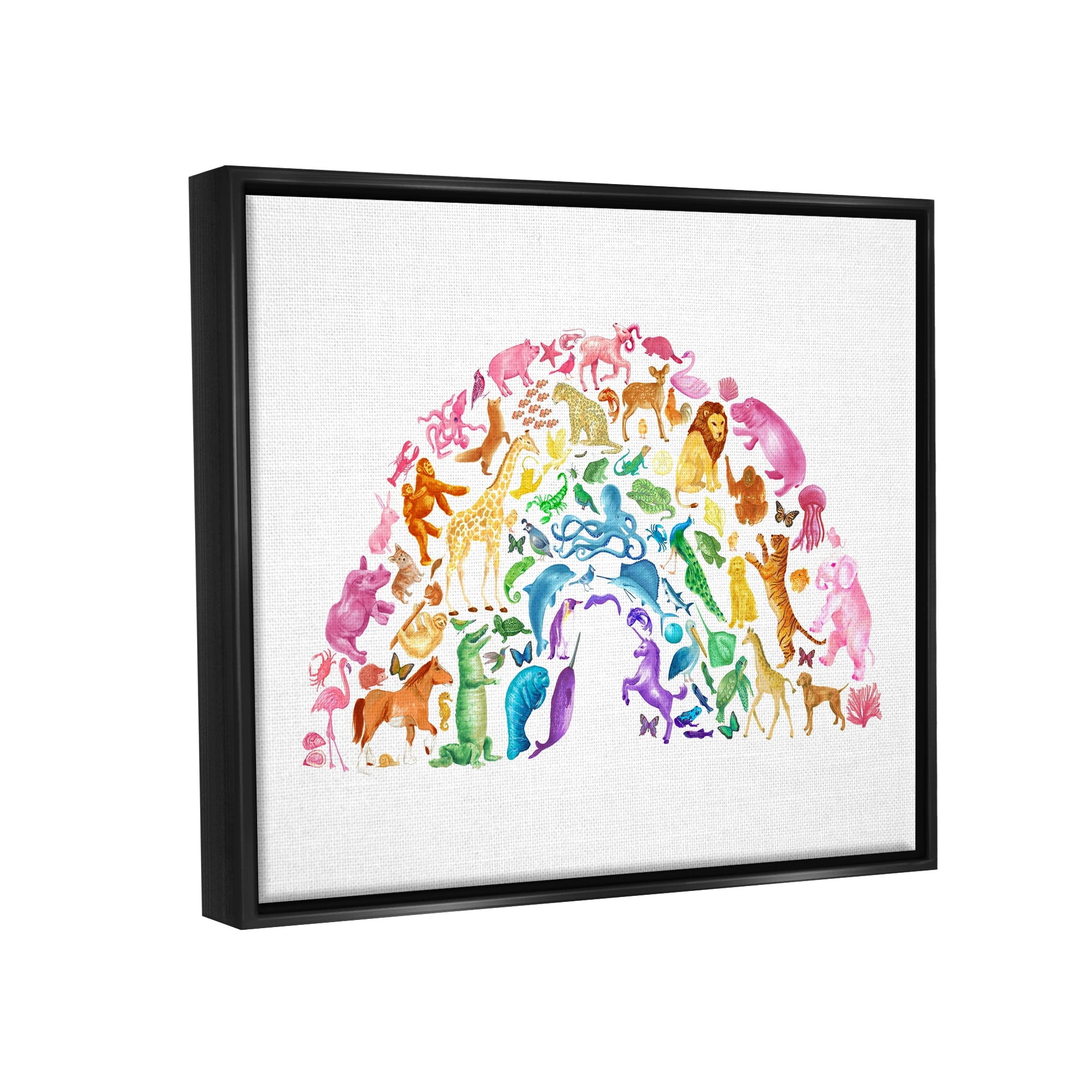 Stupell Industries Mixed Rainbow Animals Wildlife Arched Rainbow Shape Graphic Art Jet Black Floating Framed Canvas Print Wall Art, Design by Dishique