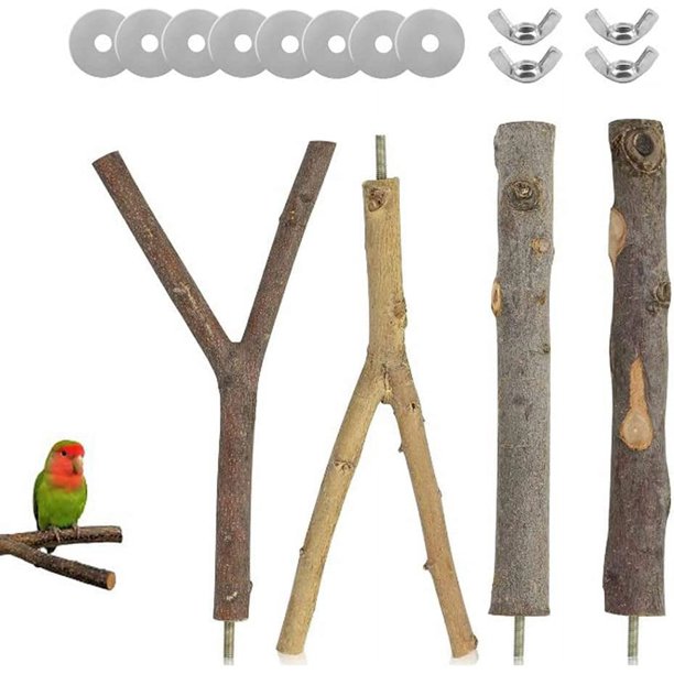 Juego de 4 perchas para pájaros, perchas tipo jaula, juguetes de madera para pájaros, juguetes para periquitos, accesorios, 2 formas, con 8 arandelas y 4 tuercas de mariposa, para loros y pájaros
