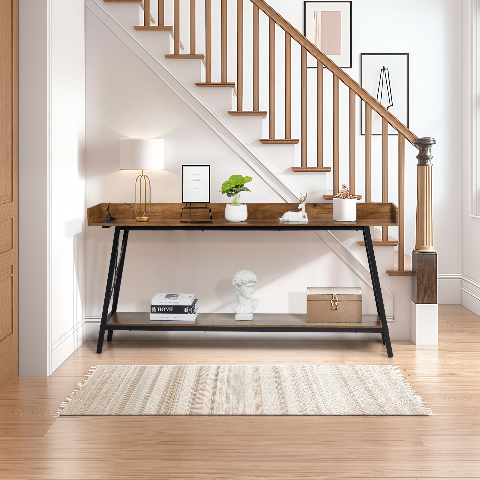 Ktaxon 71in Narrow Console Table with 2 Power Outlets & USB Ports, Rustic Sofa Table Behind Couch for Living Room, Narrow Entryway Hallway Long Bar Table, Brown