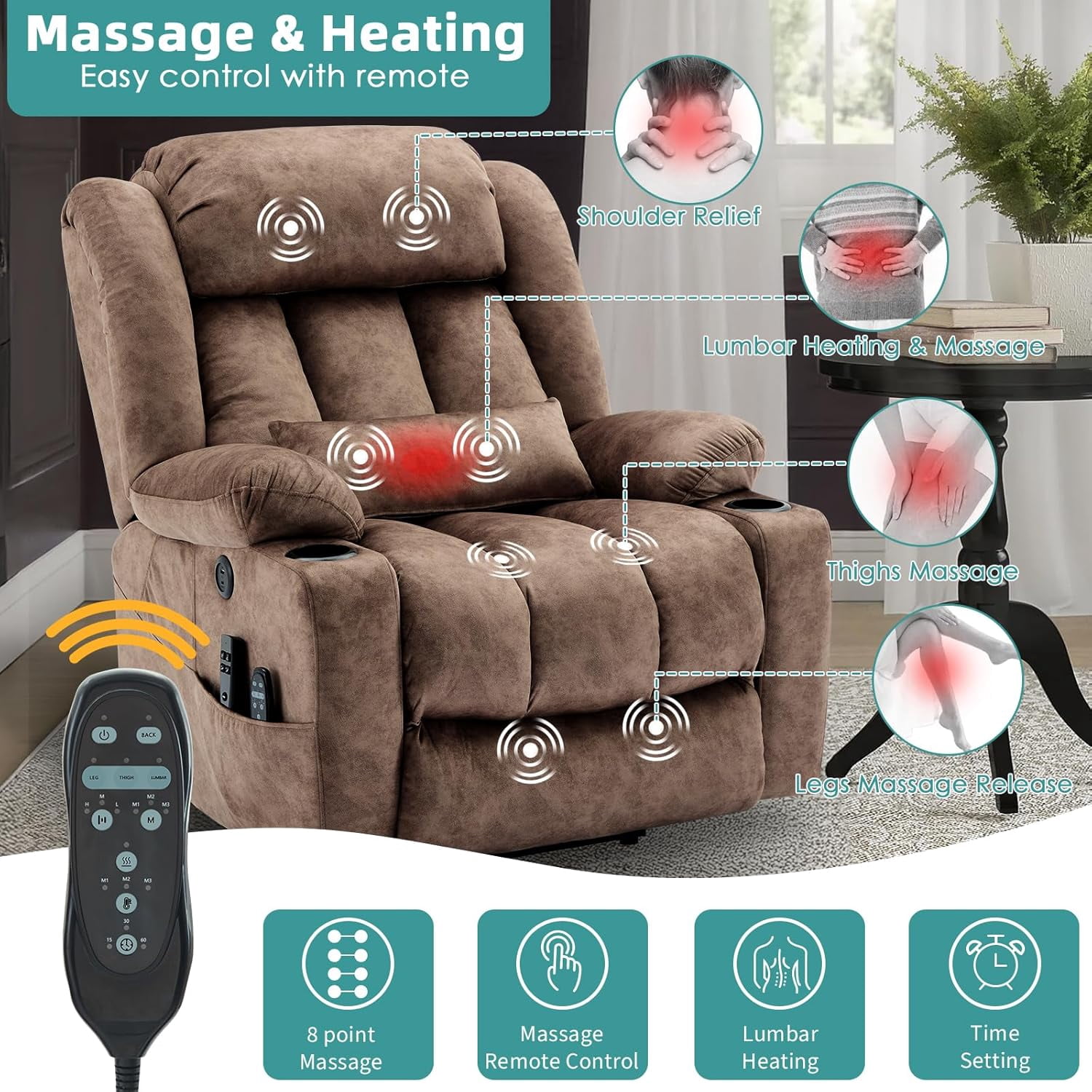 MEETWARM Oversized Dual Motor Lay Flat Power Lift Recliner Chair for Big Man with Heat Massage, Large Sleeping Electric Recliner with Extended Footrest, Lumbar Pillow, USB & Type-C Ports, Plush-Brown