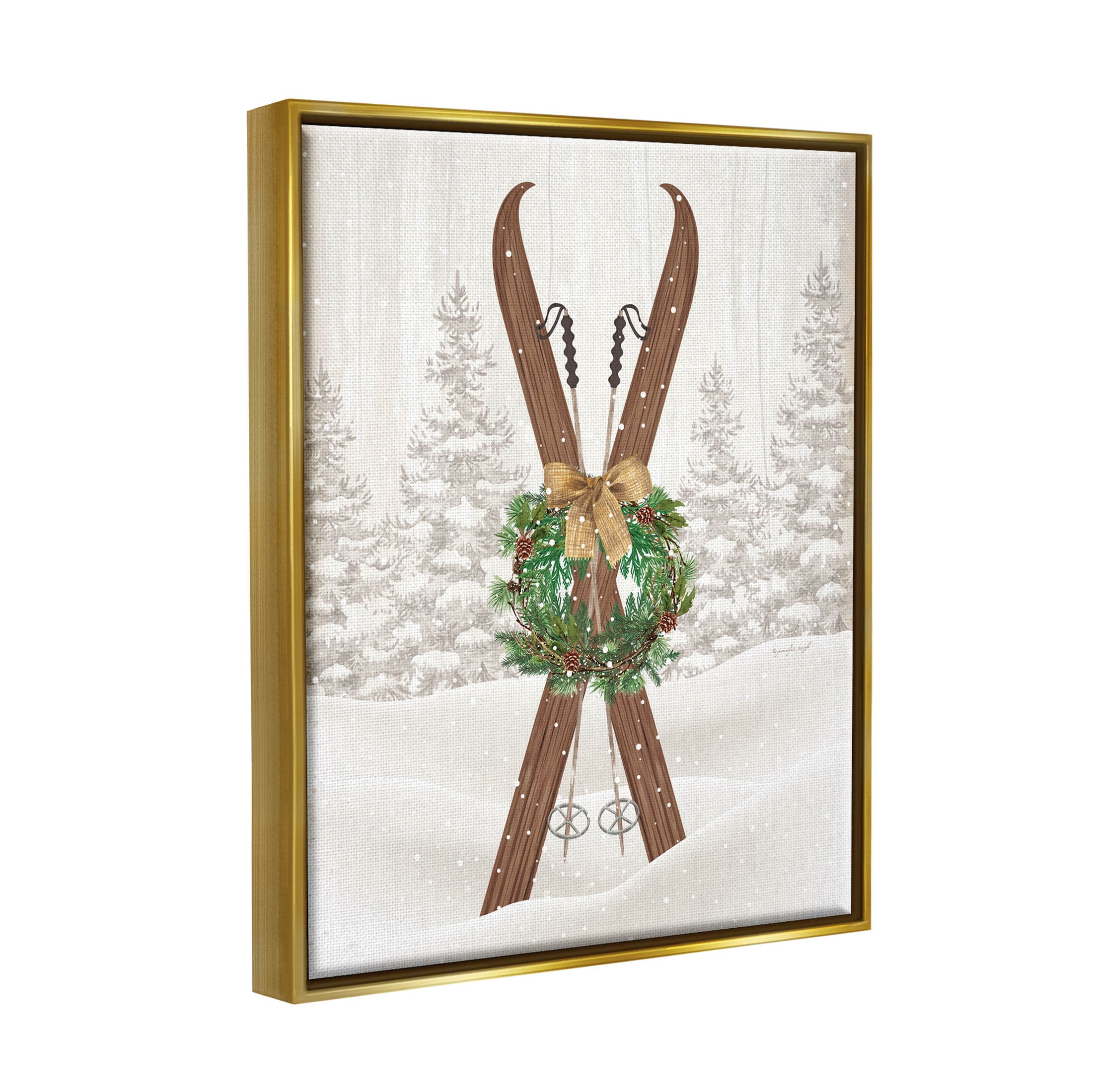Stupell Industries Winter Skis Holiday Wreath Graphic Art Metallic Gold Floating Framed Canvas Print Wall Art, Design by Jennifer Pugh