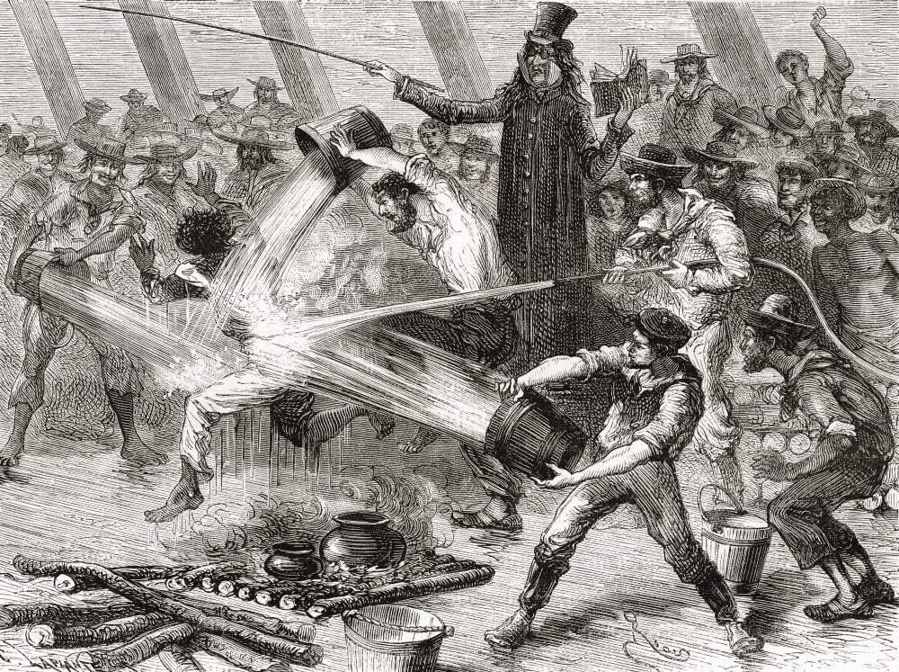 A line crossing ceremony aboard the Simon Bolivar in the 19th century This ceremony commemorates a sailors first crossing of the Equator A sailor is made to jump over a fire whilst the crew throw buck