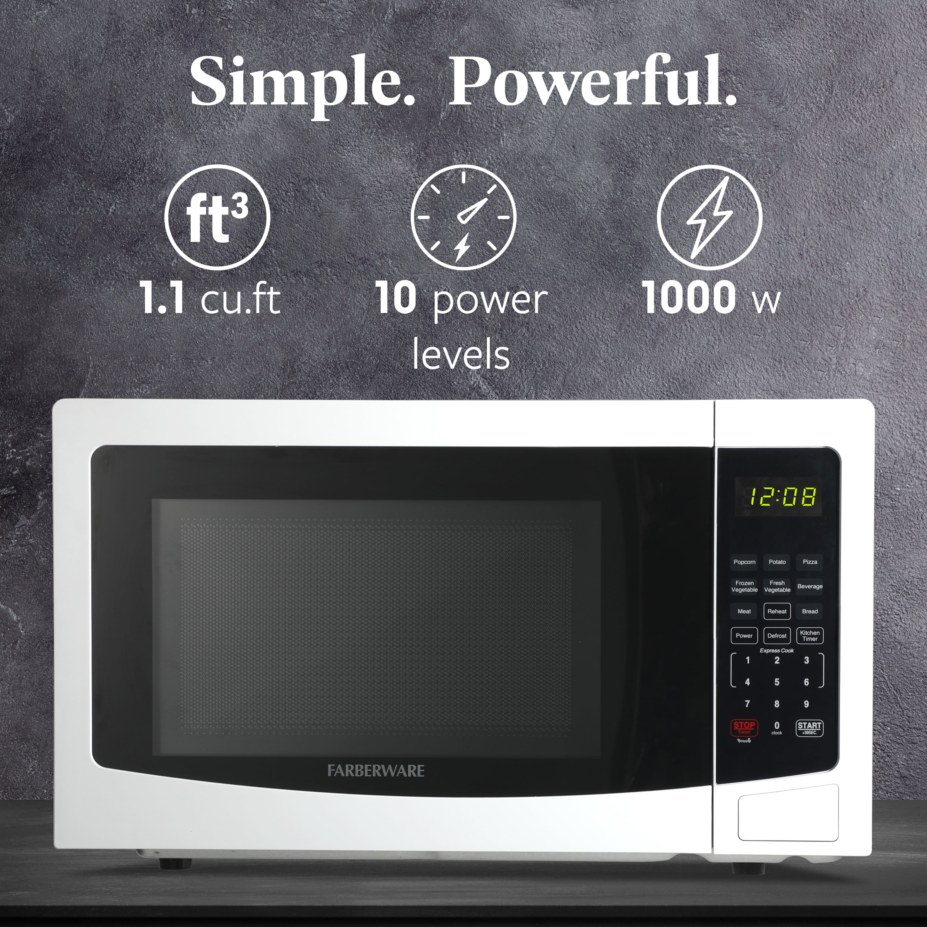Farberware 1.1 cu ft Microwave Oven, 1000W Countertop Microwave Oven with 8 Auto Cook Programs, White