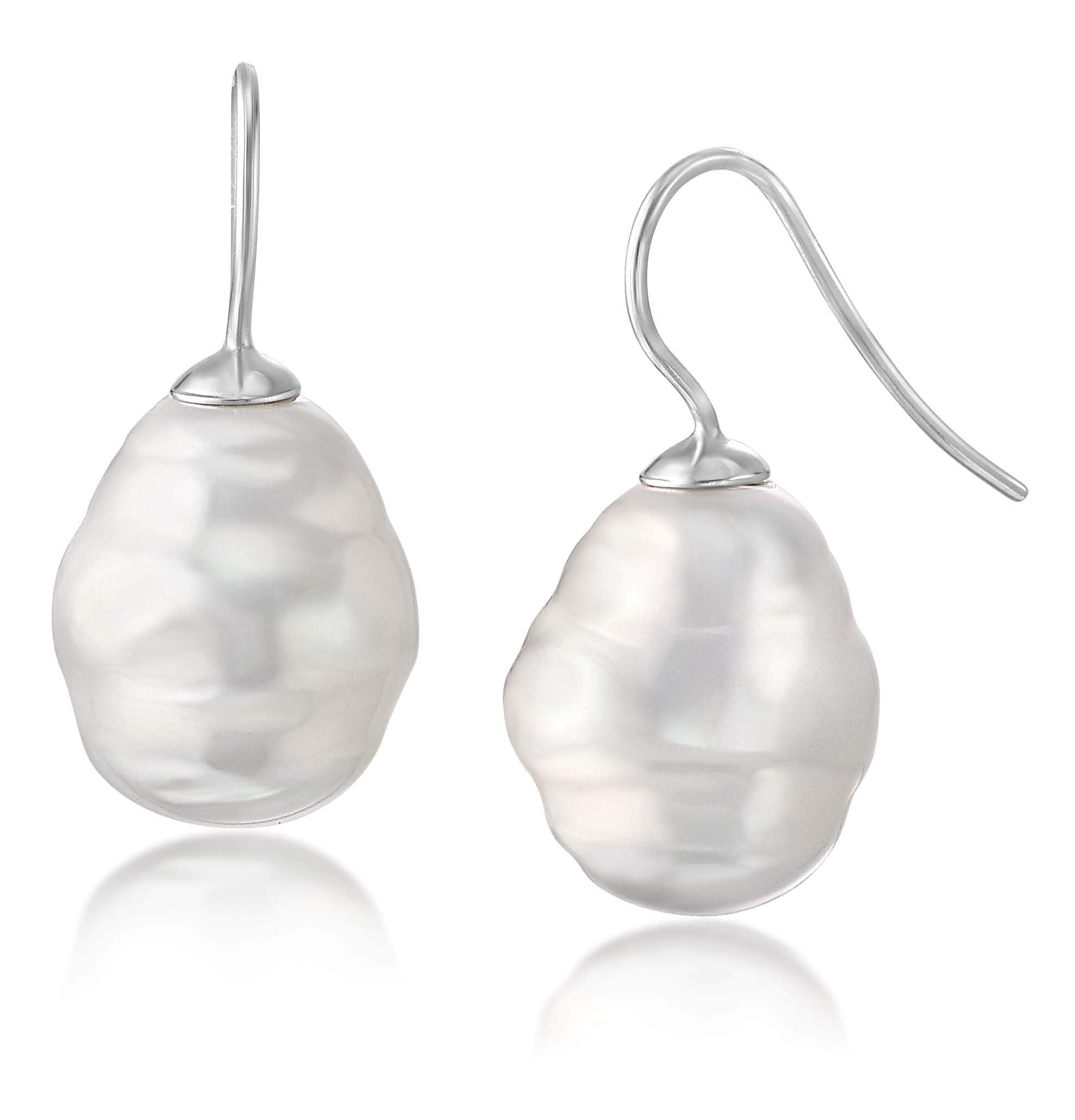 JOIA De MAJORCA, 14x16mm White Pearl Barrel Baroque Rhodium Hook Earring, Lustrous, Man-Made Organic Pearls from Majorca Spain