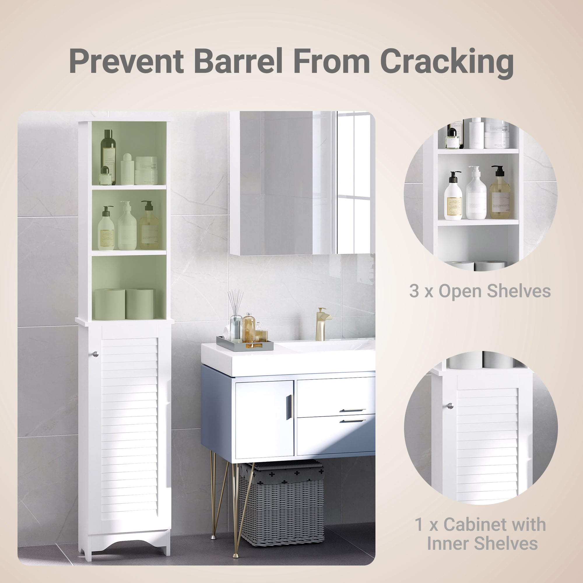 HOQBN Tall Bathroom Storage Cabinet, Freestanding Tower with 3-Tier Open Adjustable Shelf and Cupboard, White