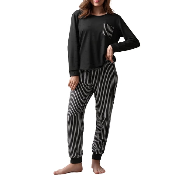 Mecto Women's Striped Pajama Set Long Sleeve Crew Neck Sleepwear with Chest Pocket