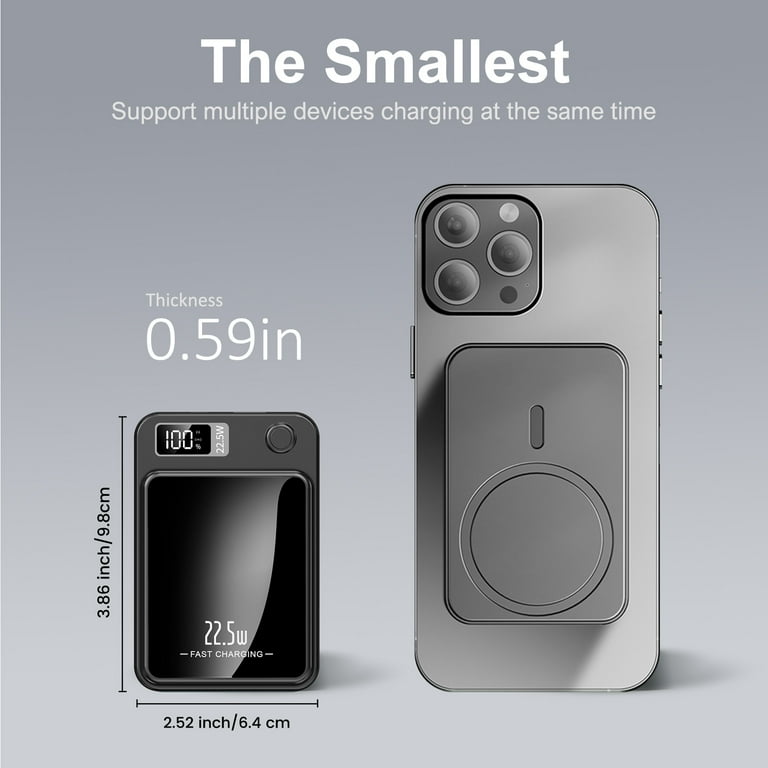 Power Bank Magnetico 5000 MAh Con Display LED – Mini Wireless, Ricarica Rapida 22.5W PD, USB-C In/out, Per IPhone 16/15/14/13/12 E Android