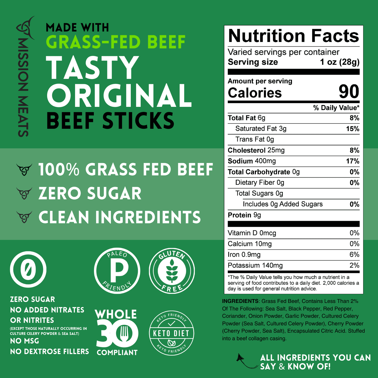 Mission Meats Beef Sticks – 100% Grass Fed & Pasture Raised, Sugar Free, Individually Wrapped Healthy Snacks, Whole 30 & Paleo, Original 1oz (12ct)