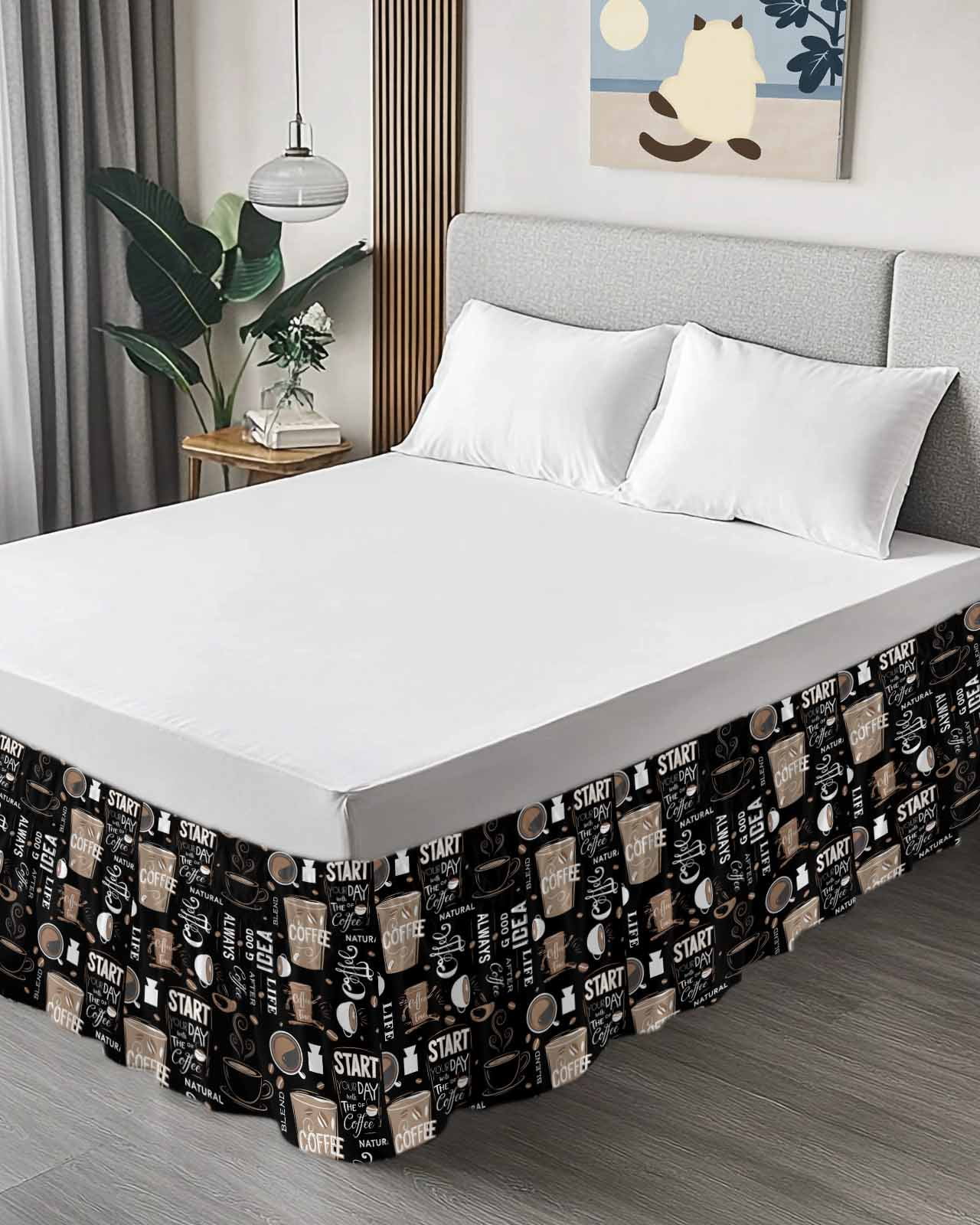Coffee Black Wrap Around Bed Skirts for Queen Bed 16" Drop,Bed Skirt with Adjustable Elastic Belt Dust Ruffle Bed Valance for Bedroom Hotel Brown Beans Cup Dessert Drink Monochrome Bed Frame Cover