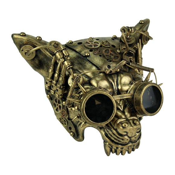 Costume Masque Visage de Loup Steampunk Doré Métallique Chien Fou Halloween