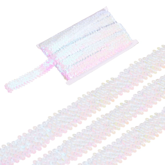Uxcell 11 Yards 1.2 Inch Elastic Sequins Trim 3 Row Flat Sequin Strip Paillette Fabric Ribbon for Crafts DIY Fringe Sewing Costume Dress, AB Colored White