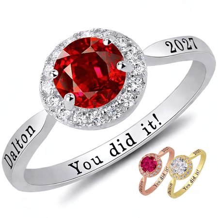 PhaedraOona Personalized Graduation Class Ring for Women - Custom Birthstone & Engraved Name Ring, High School & College 2026-2027 Keepsake, Gold Silver Rose Gold Dainty Jewelry Gift for Her
