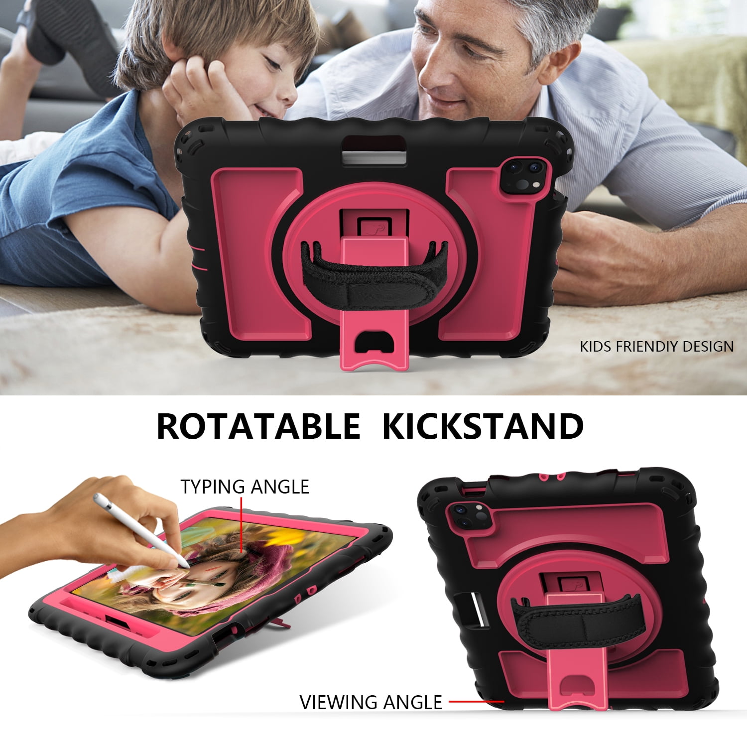 Allytech iPad Air 5 4 10.9 Case 2022/2020, Heavy Duty Shockproof Kids Case with Pencil Holder Hand Strap Kickstand Shoulder Strap for Apple iPad Air 5th 4th Generation 10.9 Inch -Black/Rose